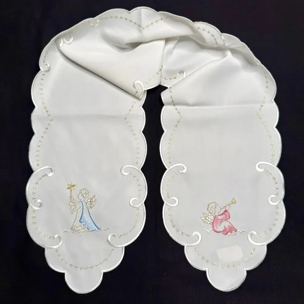 German Embroidered Christmas Table Runner Mat Angels 9x52 Metallic Gold Thread